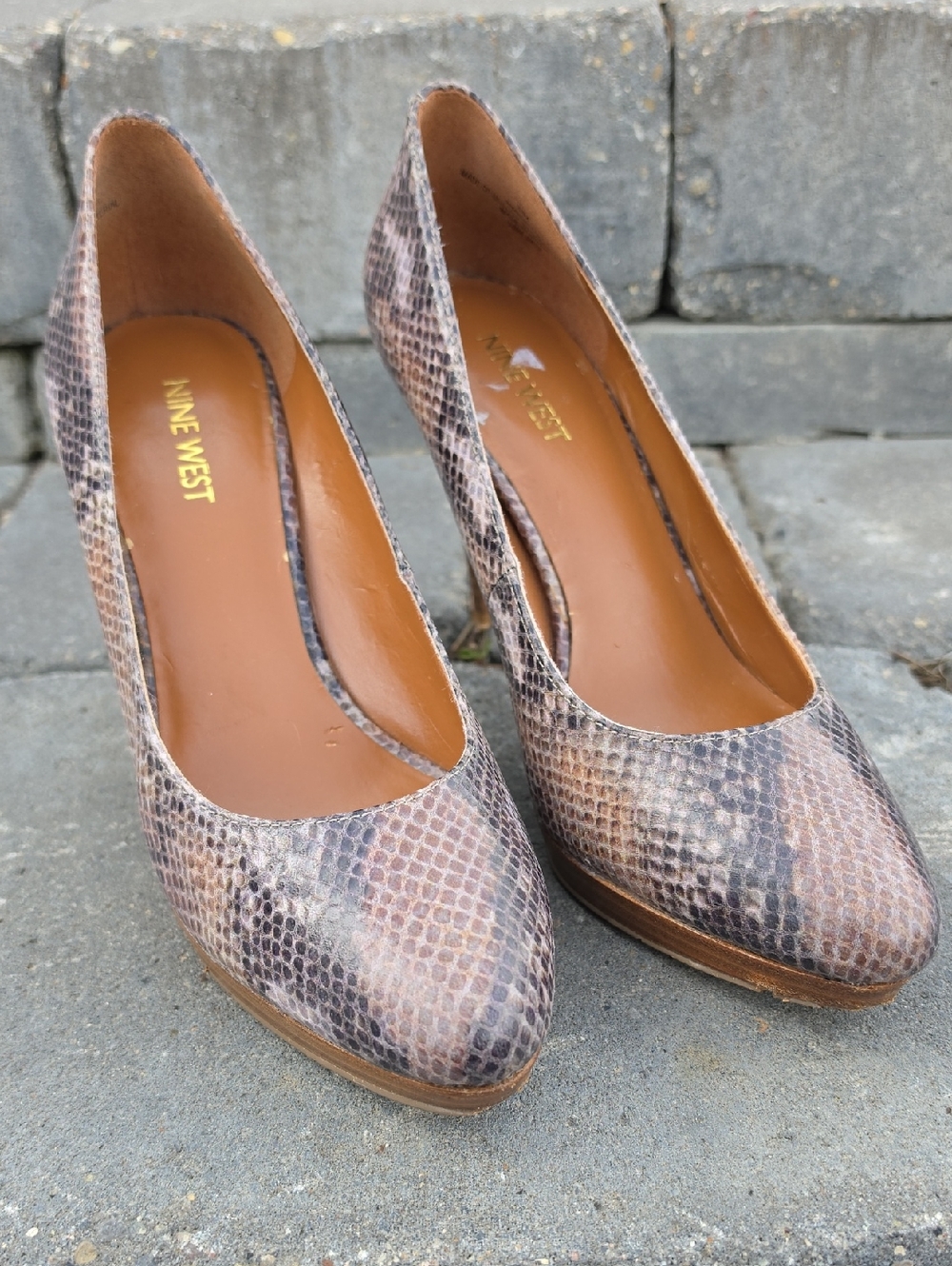 Nine West Snake-Print Pointed Toe Pumps in Taupe and Brown